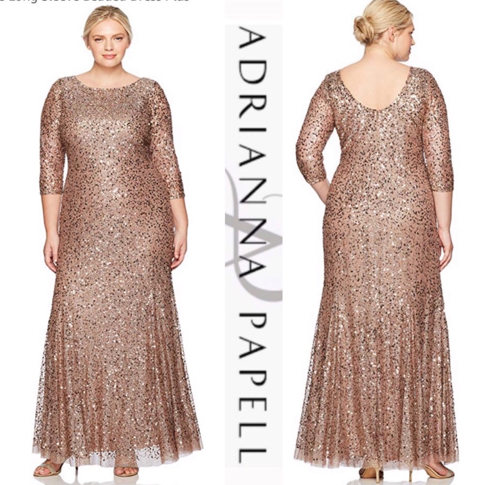 Adrianna Papell Long Sleeve Rose Gold Sequin Gown - Picture 3 of 9